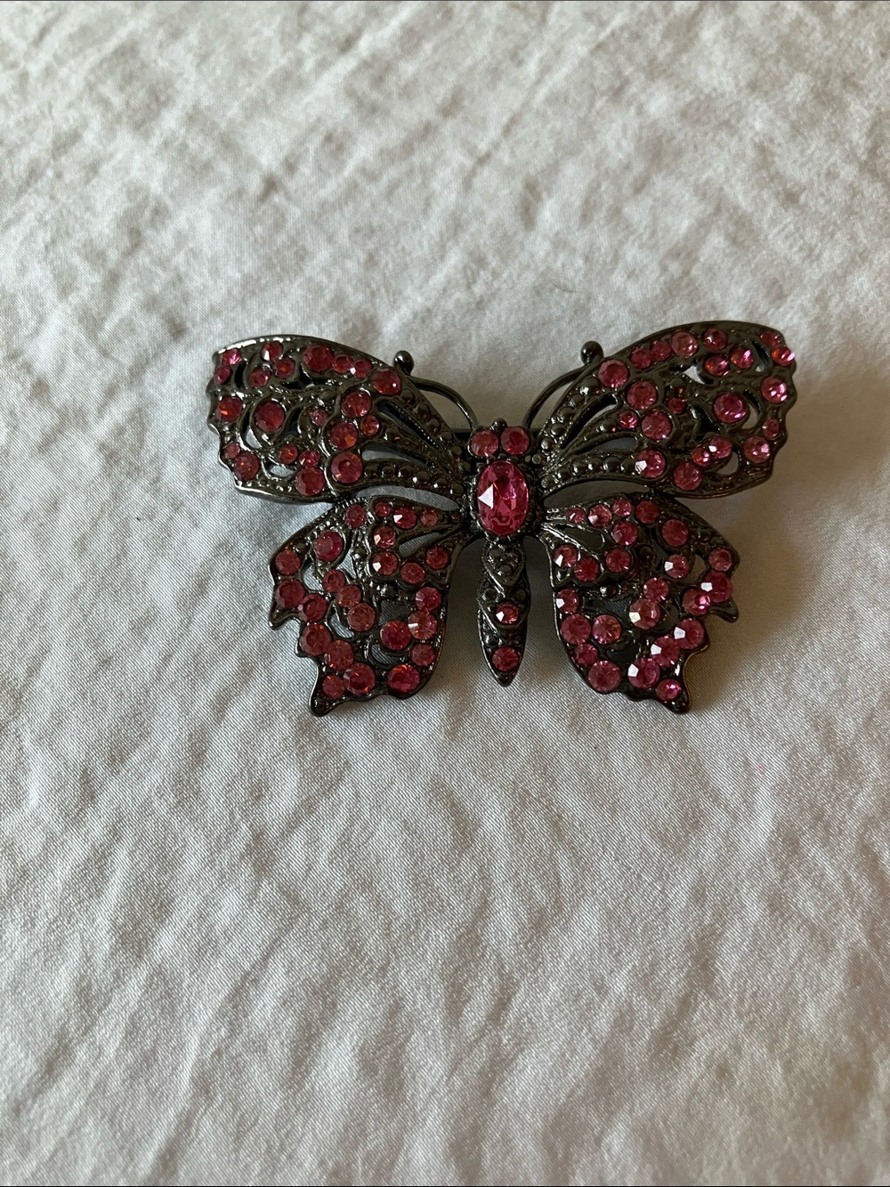 Black Gunmetal Pink Crystal Butterfly Brooch